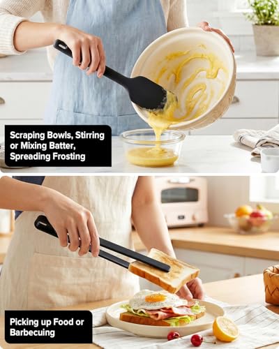 Silicone Kitchen Utensils Set, Heat Resistant Cooking Utensil with Spoon, Scraper, Spatula, Basting Brush & Tongs, BPA-free Non-stick Cookware for Frying, Basting, Serving, Grilling (6 Pack) (BLACK) - color: Black