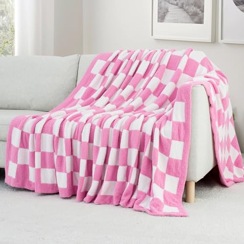 Carriediosa Checkered Throw Blanket 90x90, 400GSM Ultra Soft Microfiber | Hot Pink, Queen, Fuzzy Fluffy Cozy Plush Knitted Plaid Checker, Lightweight Cute Preppy Fall Blankets & Throws for Couch, Bed - color: Check - Hot Pink, size: 90" X 90"