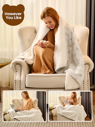 Bearhug Electric Blanket Throw Size, 50" x 60" Heated Blanket with 6 Heating Levels & 4H Auto Shut-Off, Machine Washable Soft Velvet to Sherpa Reversible Heated Throw for Office, Couch and Sofa - color: Snow Gray Honeycomb, size: Throw 50" × 60"