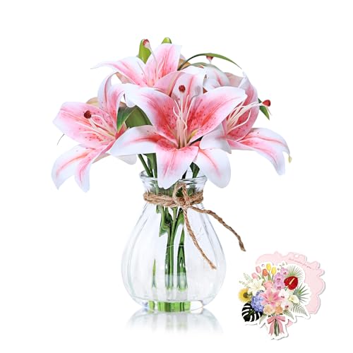 11" Artificial Pink Tiger Lily in Glass Vase with Faux Water for Home Decor | Zero-Maintenance Silk Lily Floral Arrangement for Home Living Room Office Desk Decor & Party,Perfect Housewarming Gift - color: Pink Lily With Glass Vase
