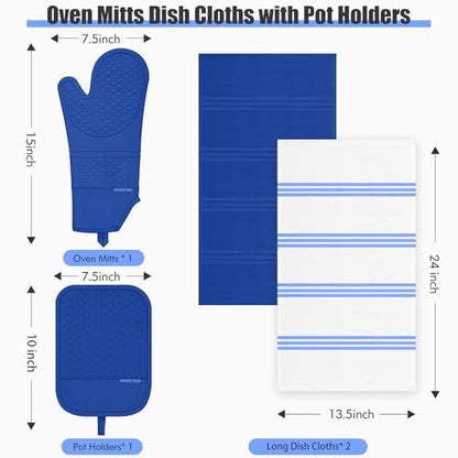 Oven Mitt and Pot Holders Sets, Quilted Cotton Terry Cloth,Non-Slip Pot Holder, Silicone Oven Mitt Heat Resistant, Oven Mittens 7.3"x14.2", Hot Pad 7"x10" & Dish Cloths 13"x25" - color: Royal Blue