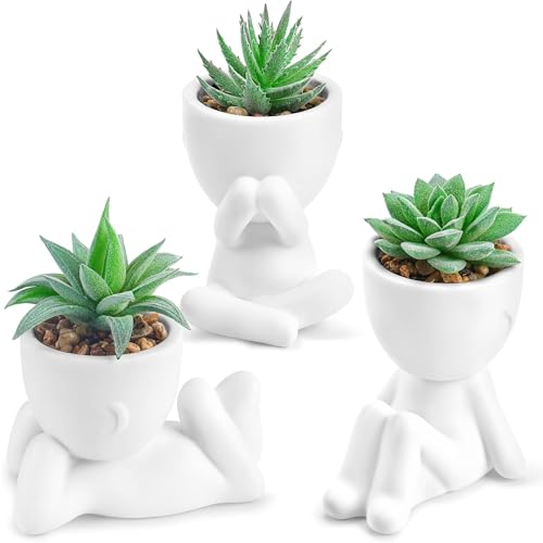 Der Rose 3 Pack White Human Pot Fake Plants with Face Decals for Desk Decor | Cute fake plants，customizable face stickers，playful sculptural planters, maintenance-free greenery for bathroom bedroom decor - color: White