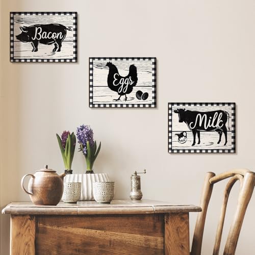 Jetec 3 Pieces Farmhouse Kitchen Decor Wooden Pig Cow Chicken Signs Rustic Buffalo Plaid Wall Art Farm Animal Plaque for Kitchen Home Wall Decorations, 11.8 x 8.8 Inch - size: 11.8 x 8.8 Inch