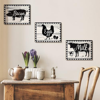 Jetec 3 Pieces Farmhouse Kitchen Decor Wooden Pig Cow Chicken Signs Rustic Buffalo Plaid Wall Art Farm Animal Plaque for Kitchen Home Wall Decorations, 11.8 x 8.8 Inch - size: 11.8 x 8.8 Inch