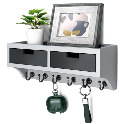 Rebee Vision Key Holder Wall Mount with Shelf for Entryway, Gray & Black | Key Holder for Wall, Mail Organizer, 6 Key Hooks, Wall Shelf, Drawer Organizer, Apartment Essentials, Aesthetic Room Decor - color: Gray & Black, style: 2-Drawer