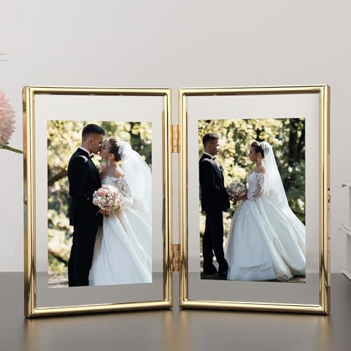 Gold 5x7 Double Floating Frame for Photo Sizes(3.5x5'',4x6''),Classy Metal Rounded Edge Frame Adjustable Tabletop/Shelf Photo Frame,for Wedding,Christmas,Birthady,Home or Office Decor. - size: 5x7'' (Double)