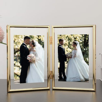 Gold 5x7 Double Floating Frame for Photo Sizes(3.5x5'',4x6''),Classy Metal Rounded Edge Frame Adjustable Tabletop/Shelf Photo Frame,for Wedding,Christmas,Birthady,Home or Office Decor. - size: 5x7'' (Double)