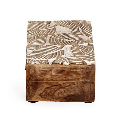 Mother's Day Wooden Hand White Wash Leaf Design Jewelry Storage Box Holder | Tarot Card Trinket Keepsake Wooden Storage Box Perfect Gifts for Women 6x4x2.5 Inch