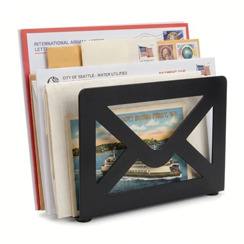 MyGift Black Metal Desktop Mail Organizer Letter Holder Envelope Design | Envelope Cutout Accent, Keeps Documents, Bills & Correspondence Neatly Sorted for Workspace & Entryway Organization - color: Black