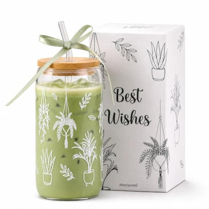 Garden Plant Lovers Gifts Gardening Gifts for Women Plant Lady | Gardeners Glass Cup Coffee Tumbler Mug with Lid and Straw Basket Stuff Present for Mom Birthday, Girls, Teens, 16oz - style: Plant