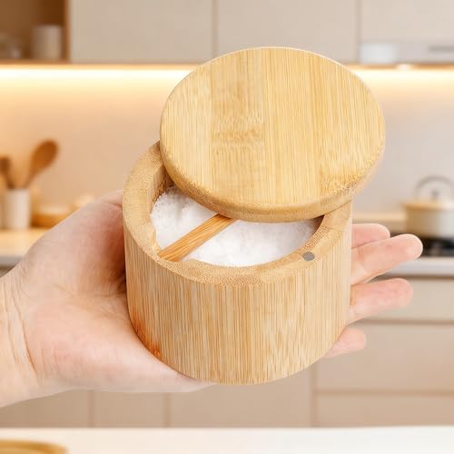 Bamboo Salt Cellar Salt Container Salt Box Bowl with Swivel Lid Spice Box with Spoon for Countertop to Store Sea Salt Pepper Sugar 6 Ounce Capacity