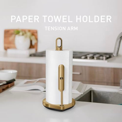 simplehuman Tension Arm Countertop Paper Towel Holder, Easy One-Handed Tear, Standing Weighted Base with Finger Loop, Heavy Duty, Brass Stainless Steel - color: Brass Stainless Steel