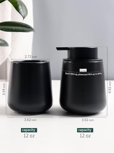 Bosilunlife Soap and Toothbrush Holder Set - Ceramic Bathroom Accessories Set Black Foaming Hand Soap Dispenser Set Bathroom Counter Toothbrush Holder and Soap Dispenser Set - color: Black-rounded Base Foam