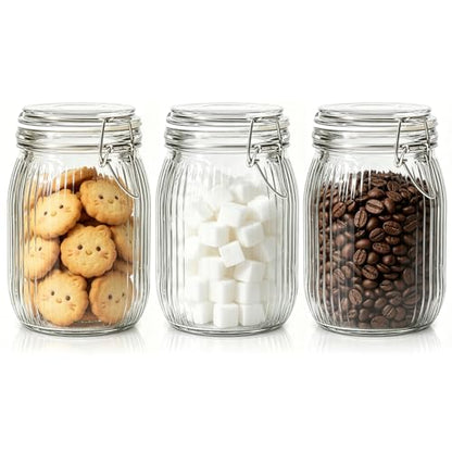 ComSaf Ribbed Glass Pantry Jars with Airtight Lids 34 oz 3 Pack Coffee | Flour sugar coffee beans, Fermenting pickling, Farmhouse pantry decor, Kitchen storage, Dry food storage, Sourdough starter - size: 37oz*3-Ribbed