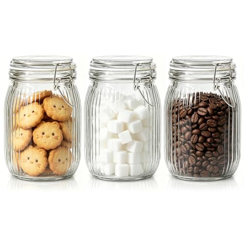 ComSaf Ribbed Glass Pantry Jars with Airtight Lids 34 oz 3 Pack Coffee | Flour sugar coffee beans, Fermenting pickling, Farmhouse pantry decor, Kitchen storage, Dry food storage, Sourdough starter - size: 37oz*3-Ribbed
