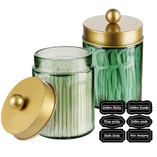 Amolliar Glass Apothecary Jar Qtip Holder w/Metal Lids, Green-Golden, 2pc | for Bathroom Vanity Storage, Countertop, Farmhouse Style, Holds Cotton Swabs, Dental Floss, Makeup Sponges - color: Green-Gold Lid