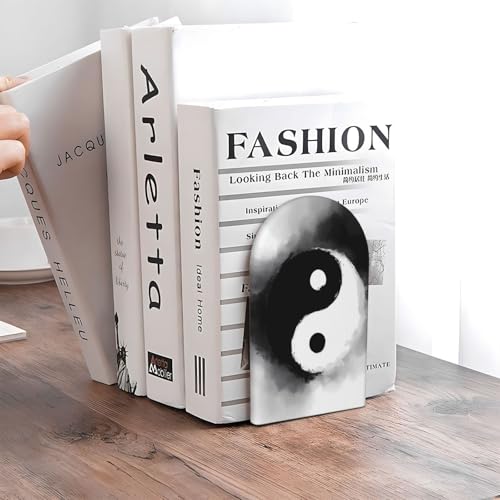 Yin and Yang for Wooden Bookends Set of 2, Heavy Duty Non-Slip Book Ends with Metal Base, Bookends for Shelves Desk Office Classroom Home