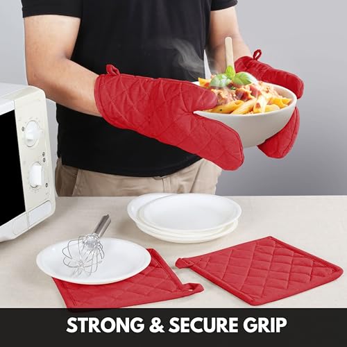 Oven Mitt + Pot Holder 100% Cotton Heat Resistant Kitchen Oven Gloves (7"x13") & Hot Pads (8"x8") for Gifts, Chef, Women & Men - Red - color: Red