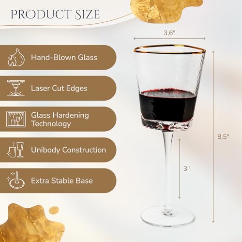 Bec's Designs Wine Glasses Set of 4, 10oz Handblown, Hammered, Gold Rim | Unique triangular wine glass design creates elegant stemware for serving red wine, white wine & champagne.