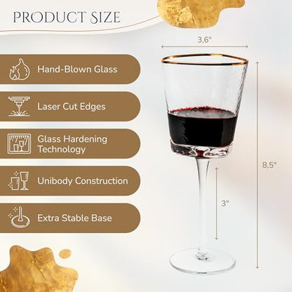 Bec's Designs Wine Glasses Set of 4, 10oz Handblown, Hammered, Gold Rim | Unique triangular wine glass design creates elegant stemware for serving red wine, white wine & champagne.