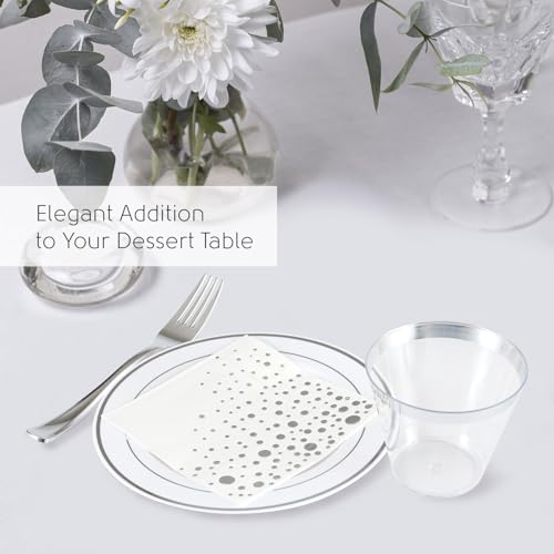 Silver Dessert Plates Set, 100 Plates, Cups, Forks and Napkins, 7.5 Inch | Sturdy plastic, cake service, appetizer tables, salad course, weddings, birthdays, easy cleanup - color: Silver, style: Plates,Forks,Napkins and Cups