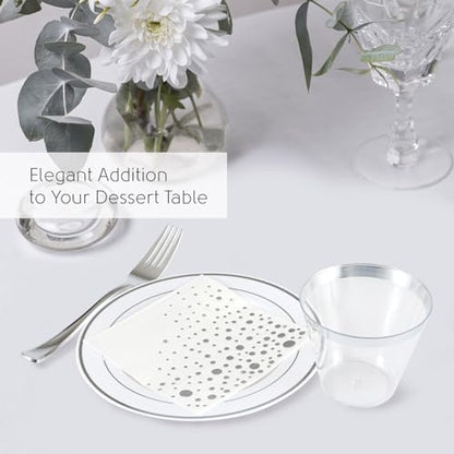 Silver Dessert Plates Set, 100 Plates, Cups, Forks and Napkins, 7.5 Inch | Sturdy plastic, cake service, appetizer tables, salad course, weddings, birthdays, easy cleanup - color: Silver, style: Plates,Forks,Napkins and Cups