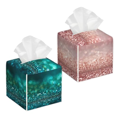 Pink Green Glitter 2 Pcs Tissue Box Cover Square, Tissue Box Holder Waterproof Leather Facial Paper Organizer Dispenser for Bathroom Home Car Nightstand - color: Pink Green Glitter