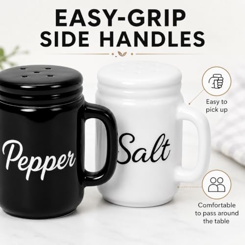 Farmhouse Salt and Pepper Shakers Ceramic Mason Jar 2 oz Set with Handles | Petite 2.5-inch tabletop size · Removable bottom plugs · Dishwasher safe