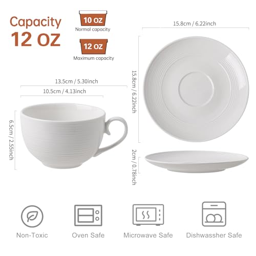 12 oz Cappuccino Cups with Saucers, Ceramic Espresso Coffee Cups Set of 4, White Latte Cup and Saucer, Elegant Tea Mugs Set, Microwave Dishwasher Safe Drinkware for Cafe, Housewarming Gift - color: A - 12oz