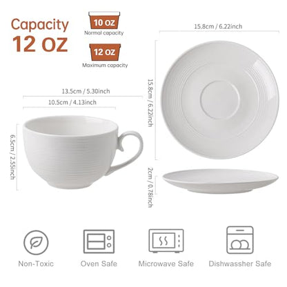 12 oz Cappuccino Cups with Saucers, Ceramic Espresso Coffee Cups Set of 4, White Latte Cup and Saucer, Elegant Tea Mugs Set, Microwave Dishwasher Safe Drinkware for Cafe, Housewarming Gift - color: A - 12oz