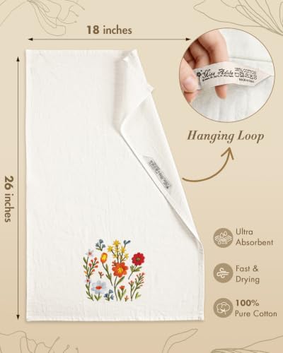 Embroidered Flour Sack Kitchen Towels, Gerbera Daisy | Exquisite Embroidery, Pure Cotton, Lightweight, Nostalgic Design, with Hanging Loop, Softer After Wash, Machine Washable - color: Gerbera Daisy
