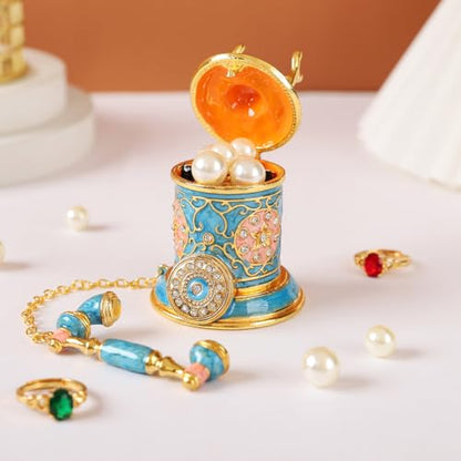 Retro Telephone Trinket Boxes Mini Enamel Jewelry Box for Women Girls Ring Pendant Storage Organizer with Hinged Lid (Blue) - color: Blue