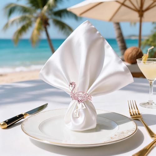 Pink Crystal Flamingo Napkin Rings Set of 6, Silver Rhinestone Tropical Napkin Holders for Beach Wedding Summer Luau Hawaiian Party Bachelorette Elegant Coastal Table Decor - style: Flamingo