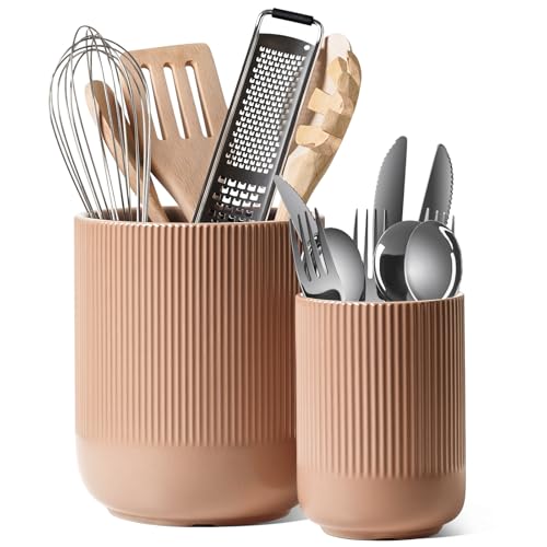 LE TAUCI Utensil Holder for Kitchen Counter, 7.3"+5.4" Fluted Ceramic Utensil Crock Organizer for Countertop, Heavy Large Holder for Spatulas, Spoons, Set of 2, Dusty Coral - color: Dusty Coral