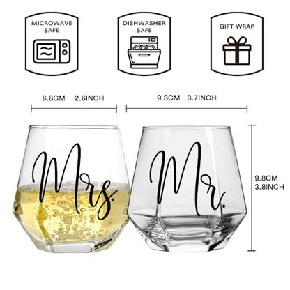 Mr Mrs Stemless Wine Glasses Gift Set 15oz, Couples Gifts for Bridal Shower Engagement Anniversary Wedding Shower Valentine's Day Birthday Christmas, 1 Pack Reusable Burlap Wine Bag-38