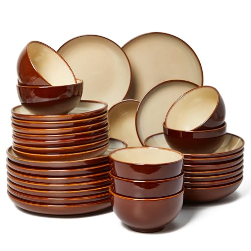 32 Piece Double Bowl Dinnerware Sets with Pasta Bowls, Highly Chip and Crack Resistant Plates and Bowls Sets, Natural Earthyware Ceramic Dishware Sets, Service for 8 Brown Yellow - color: Brown Yellow, size: 32pcs (for 8)