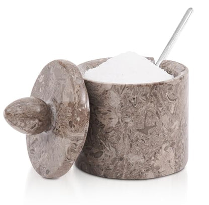 Marble Salt Cellar with Lid 4" Inch Oceanic Handmade Salt Jar & Spice Storage Containers For Kitchen Countertop, Ideal Sugar Bowl & Salt dish For Table - color: Oceanic