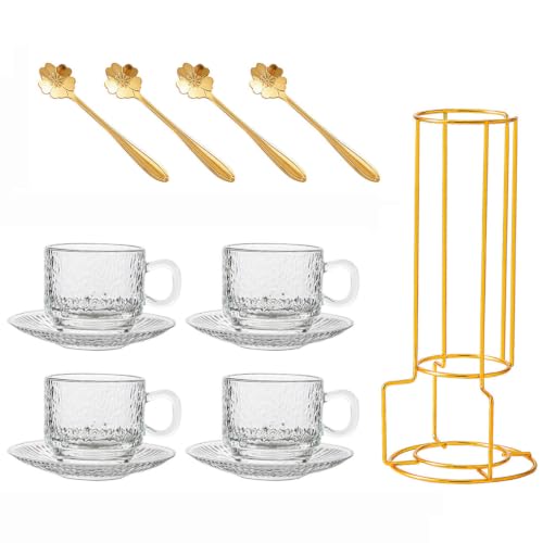 Glass Turkish Teacup and Saucer Set of 4 with Metal Stand, 5.4OZ/ 160ML Stackable Coffee Mug with Spoon for Tea Espresso Juice Cappuccino and Latte, Grain - color: Grain