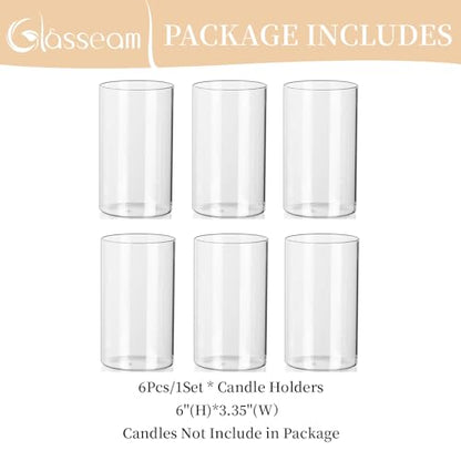 Glasseam Hurricane Glass Candle Holder Set of 6, Cylinder Clear Candle Holders for Pillar Candles, Modern Cylinder Vases for Floating Candles, Vases for Centerpiece Wedding Table Decorations, 6inch | 6inch H, Clear, Pillar Candles Vase, Floating, Flower,