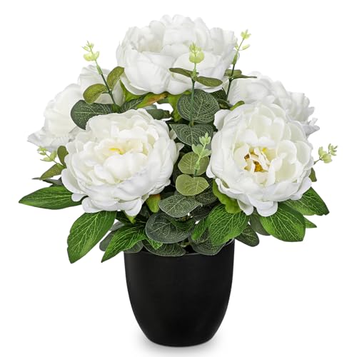 Briful White Faux Peony Flowers - 12.5in Real Touch Peony Artificial Flowers with Black Pot Silk Peonies Floral Arrangement Fake Potted Flowers for Home Office Wedding Table Centerpieces Decor - color: Cream White