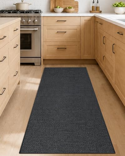Color&Geometry Thin Kitchen Rug 23x70, Non Slip Rubber Backed, Grey | 0.15in Low Pile Dirt Resistant Kitchen Mat Fit Under Door, Absorbent, Washble Woven Mat For Kitchen Sink/Stove/Laundry Room - color: Dark Tone-grey, size: 23"X70"