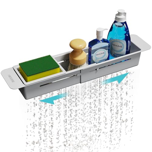NiHome Extendable Kitchen Sink Caddy, Small Brush Sponge Storage Holder | Expandable Kitchen In Sink Organizer for Brush & Sponge with Drainage, Adjustable Length, Non-Slip Pads, Durable ABS (Gray) - color: Gray, size: Standard