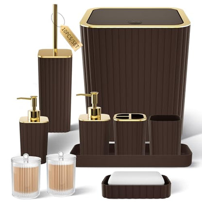XLHOMO Bathroom Accessories Set - Gorgeous Bathroom Set, 10PC Brown Bathroom Accessories, Bathroom Accessory Set, Toilet Brush, Trash Can, Qtip Holder Dispenser & Soap Dispenser - size: Bath Set, style: Brown&Gold