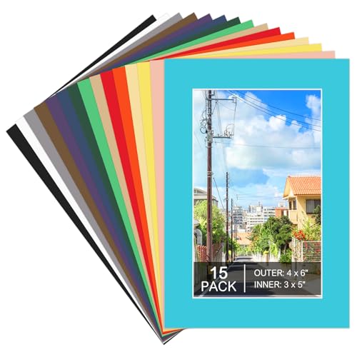 15 Pack 4x6 Picture Mats for 3x5 Photos, Mixed Colors, Bevel Cut | 1.2 mm Mat Board, Cream Core Back, Protects Photos From Frame Contact, for Prints Artwork Display, Home Office Gallery - size: 4x6 for Photos 3x5