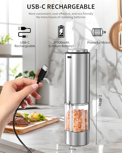 CIRCLE JOY Electric Pepper Grinder Stainless Steel Rechargeable Pepper Mill with External Adjustable Coarseness, 95ml Container and White LED Light, Silver - color: Rechargeable