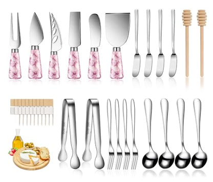 Marble Pink Cheese Knife Set, Ceramic Handle Charcuterie Board Accessories Butter Spreader Knife Slicer With Serving Tongs, Spoons, Forks, Flags, Wooden Honey Dipper - color: Marble Pink
