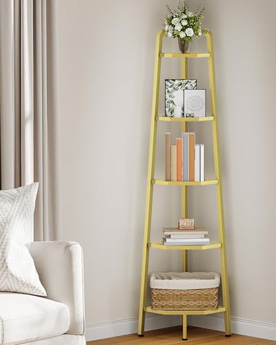5-Tier Corner Shelf, 59.6” Corner Storage Stand, Floorstanding Dispaly Rack, Tempered Glass Corner Bookshelf, Open Plant Stand, for Living Room, Bedroom, Study, Bathroom, Gold TCJ21GJ - color: Gold