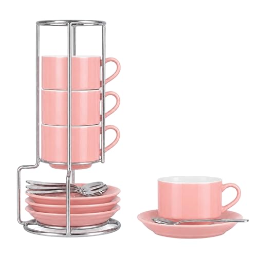 3 Ounce Espresso Cups Set of 4, Pink | Stackable Demitasse Mugs, Includes Display Stand, Cups Saucers, and Spoons, for Machines & Home Use - color: Pink