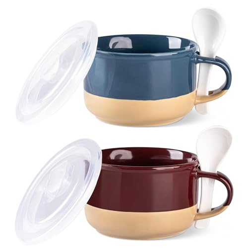 GBhome Ceramic Soup Mugs with Handles and Lids,24 OZ Soup Cups Set of 2 | Terracotta Underside,Mug Bowls with Spoon for Soup/Cereal/Salad/Noodles/Ramen/Microware &Dishwasher Safe-Blue&Red - color: Blue&Red