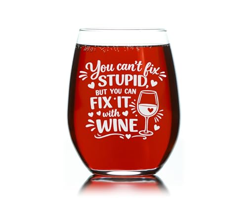 C M You Can't Fix Stupid Stemless Wine Glass, 17 oz, Style S1 | Funny Gift for Women and Men, Dishwasher Safe, Etched Design